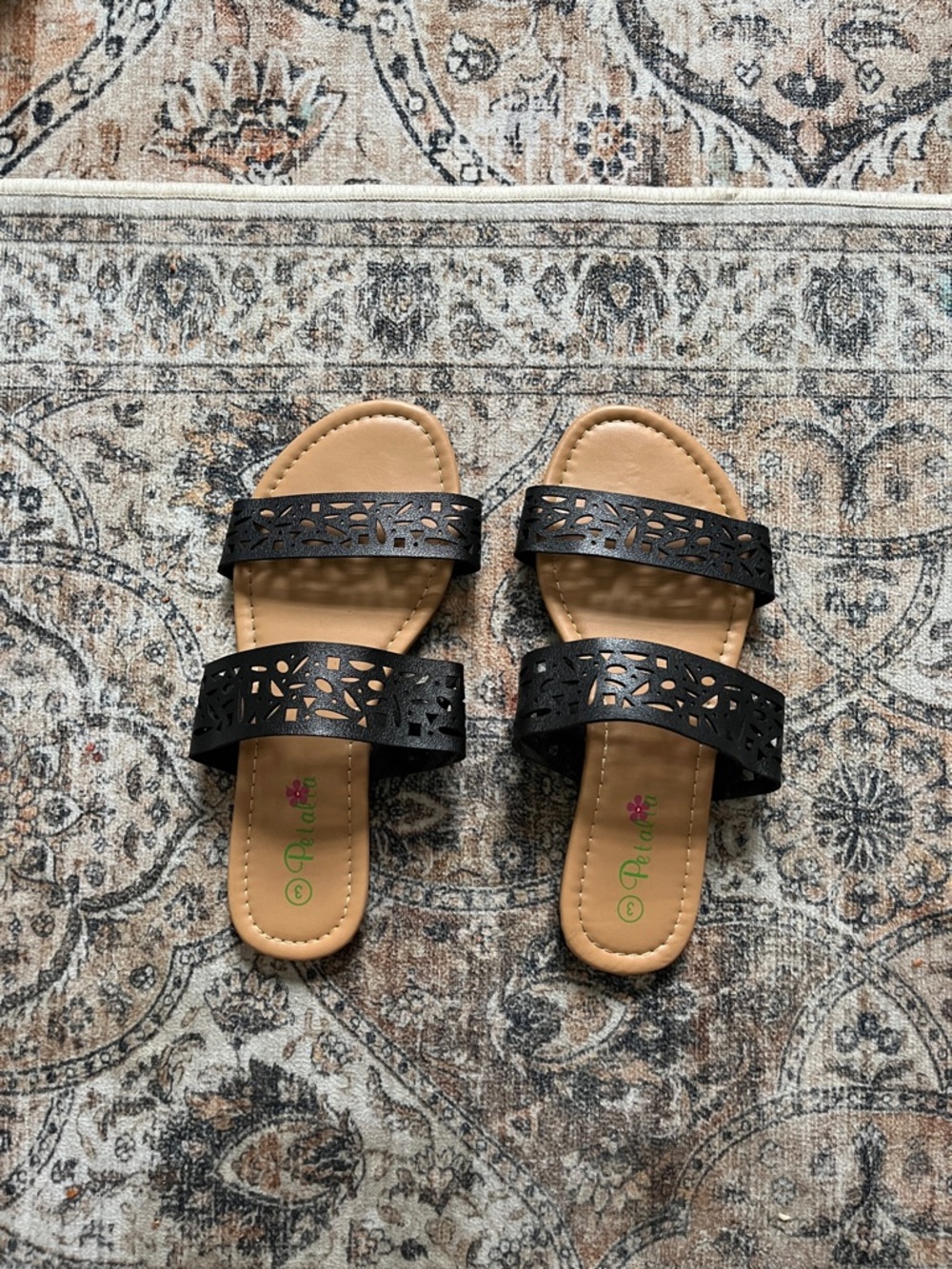 Girls Black Double-Strap Laser Cut Sandals